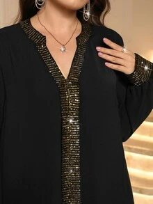 EMERY ROSE Women's Plus Size Elegant Party Dress With Contrast Neckline And Cuffs Fall - Black - View 3