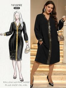 EMERY ROSE Women's Plus Size Elegant Party Dress With Contrast Neckline And Cuffs Fall - Black - View 6