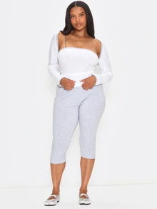 MUSERA Plus Size Grey Fold Over Waistband Capri Leggings Spring Summer Casual Everyday Day Outfit Going Out - Multicolor - View 1