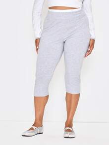 MUSERA Plus Size Grey Fold Over Waistband Capri Leggings Spring Summer Casual Everyday Day Outfit Going Out - Multicolor - View 2