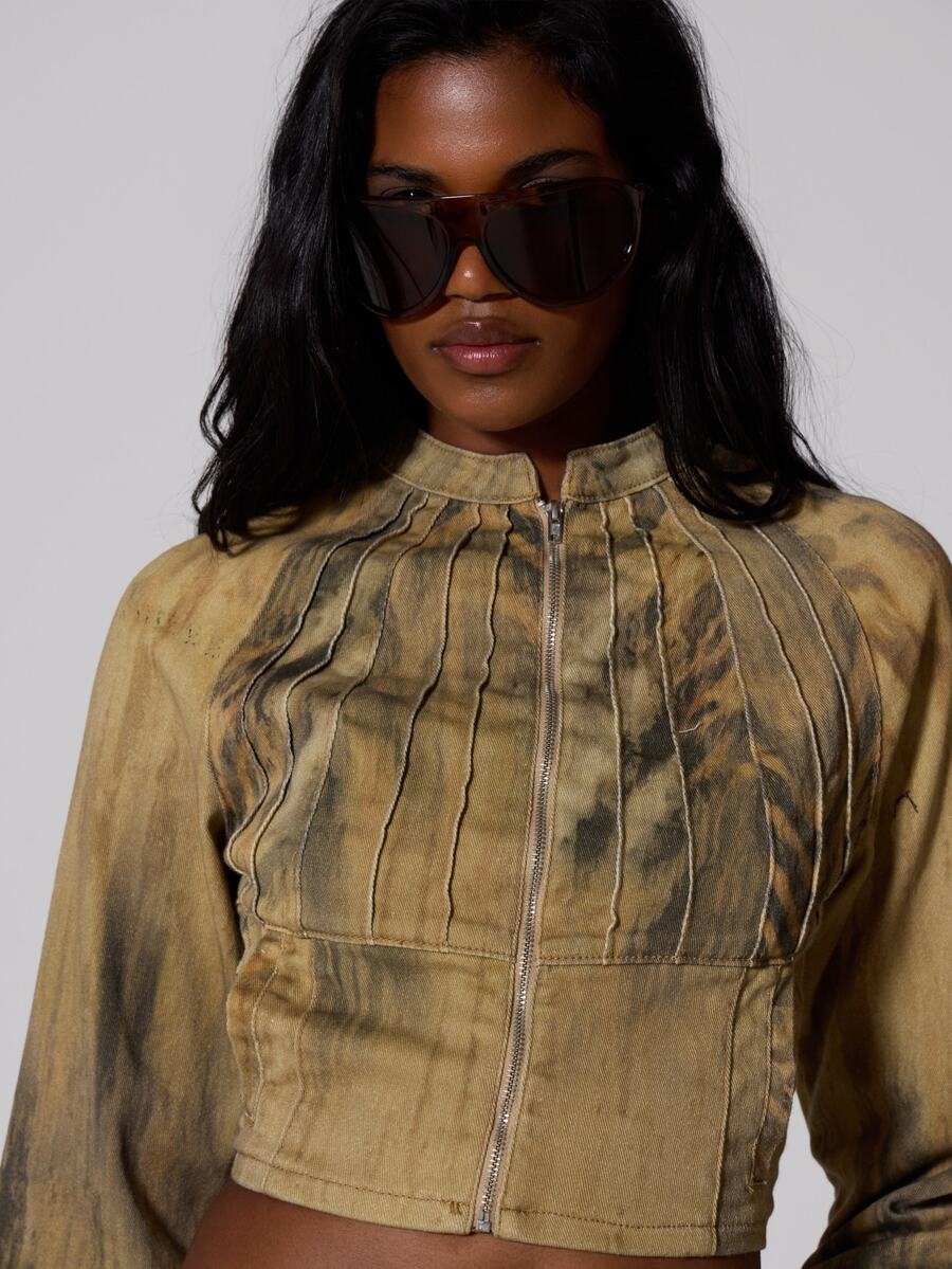 MUSERA Mustard Printed Denim Cinched Waist Jacket Summer Autumn Fall Winter Going Out Festival Cool Girl Low Frequency - Multicolor - View 1