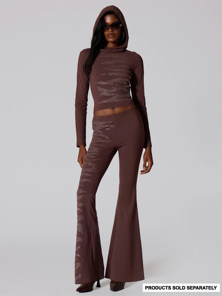 MUSERA Coffee Brown Slinky Embelished Flared Pants Summer Autumn Fall ...