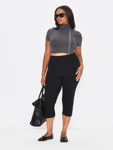 MUSERA Plus Size Black Fold Over Waistband Capri Leggings Spring Summer Casual Everyday Day Outfit Going Out - Black - View 1