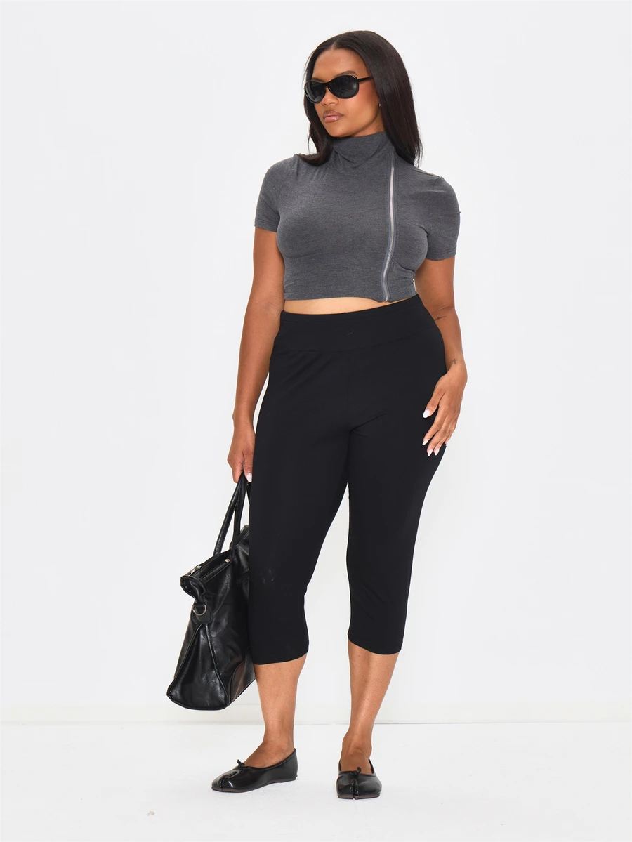 MUSERA Plus Size Black Fold Over Waistband Capri Leggings Spring Summer Casual Everyday Day Outfit Going Out - Black - View 1