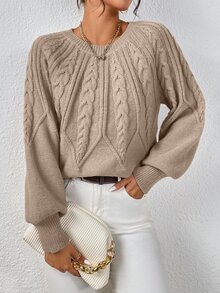 EMERY ROSE Cable Knit Lantern Sleeve Sweater,Long Sleeve Tops Knit Pullover Fall Winter - Khaki - View 4