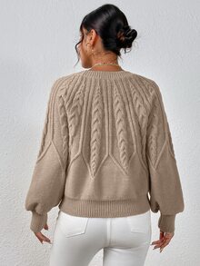 EMERY ROSE Cable Knit Lantern Sleeve Sweater,Long Sleeve Tops Knit Pullover Fall Winter - Khaki - View 2
