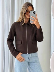 Siren Gaze Women's Solid Color Long Sleeve Zip-Up Casual Jacket - Chocolate Brown - View 2