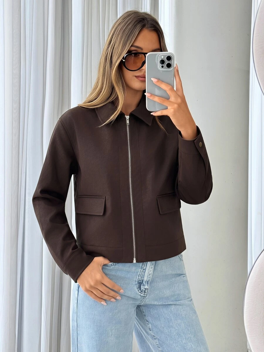 Siren Gaze Women's Solid Color Long Sleeve Zip-Up Casual Minimalist Jacket Everyday Dark Brown Autumn - Chocolate Brown - View 1