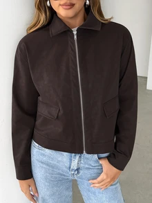 Siren Gaze Women's Solid Color Long Sleeve Zip-Up Casual Jacket - Chocolate Brown - View 6