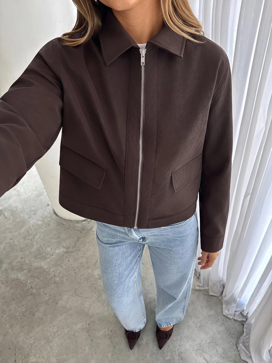 Siren Gaze Women's Solid Color Long Sleeve Zip-Up Casual Jacket - Chocolate Brown - View 1