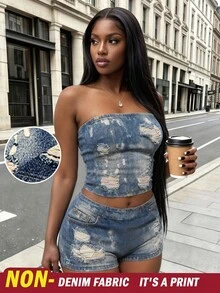 Rovax Women's Two Pieces Set Featuring A Denim Effect Print Tube Top And Shortsstreet Style. - Multicolor - View 3