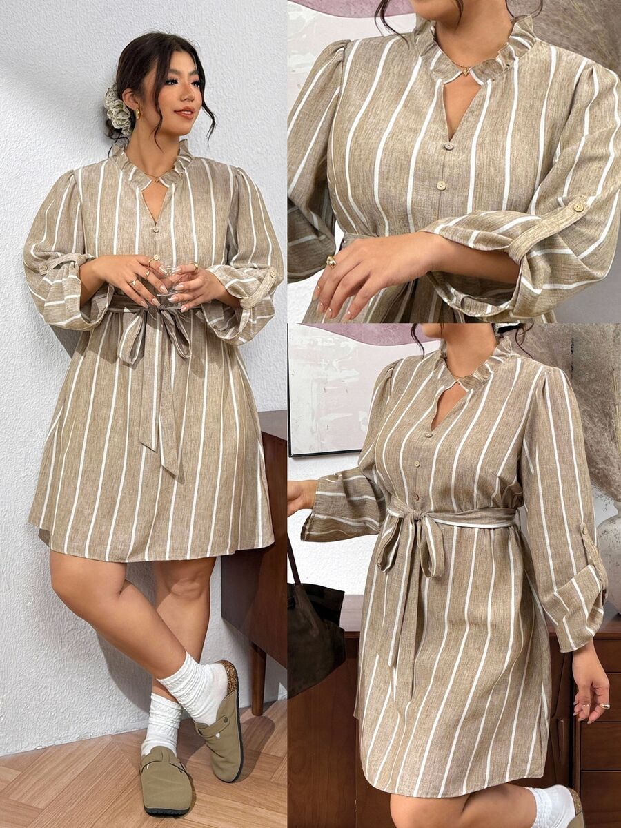 Lounesse Plus Size Versatile Casual Striped Button-Up Dress Fall