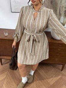 Lounesse Plus Size Versatile Casual Striped Button-Up Dress Fall - Multicolor - View 3
