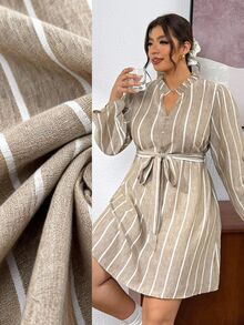 Lounesse Plus Size Versatile Casual Striped Button-Up Dress Fall - Multicolor - View 8