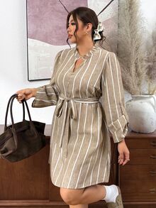 Lounesse Plus Size Versatile Casual Striped Button-Up Dress Fall - Multicolor - View 6