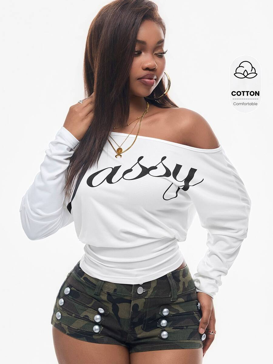 Vadaroq Women's Asymmetric Collar Letter Print T-Shirt - White - View 1