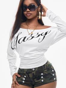 Vadaroq Women's Asymmetric Collar Letter Print T-Shirt - White - View 5