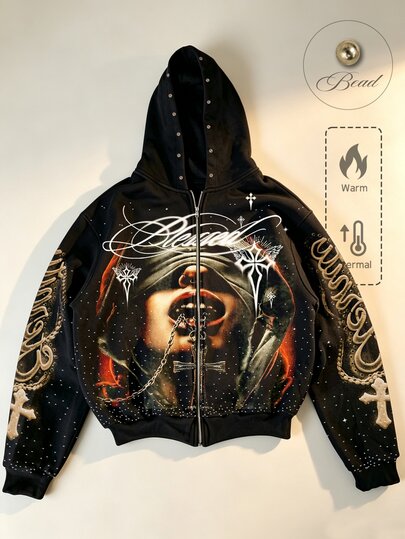 Sudadera/Chaqueta de sudadera unisex para hombre y mujer, diseño de moda con remaches pesados y patrón vintage, estilo street cool, gruesa, para parejas a juego, otoño/invierno 2026