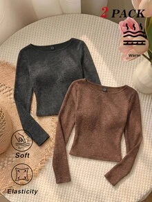 SHEIN MOD Women's Autumn/Winter Casual Solid Color Slim Fit T-Shirt - Multicolor - View 3