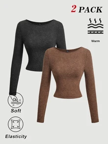 SHEIN MOD Women's Autumn/Winter Casual Solid Color Slim Fit T-Shirt - Multicolor - View 2