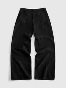 ROMWE MEN Men's Letter Pattern Pocket Design Loose Casual Denim Jeans - Black - View 3