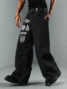 ROMWE MEN Men's Letter Pattern Pocket Design Loose Casual Denim Jeans - Black - View 1