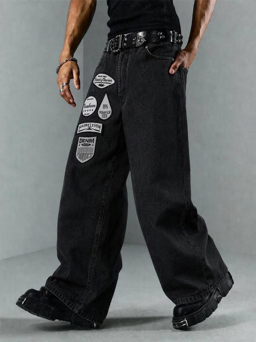 ROMWE MEN Men's Letter Pattern Pocket Design Loose Casual Denim Jeans - Black - View 1