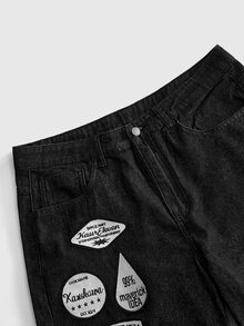 ROMWE MEN Men's Letter Pattern Pocket Design Loose Casual Denim Jeans - Black - View 4
