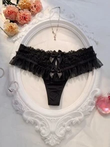 Crystal Vow 純白蕾絲拼接女款內褲，腿部兩側褶皺荷葉邊設計，婚禮季節專屬配色首選 - 黑色 - 查看 1