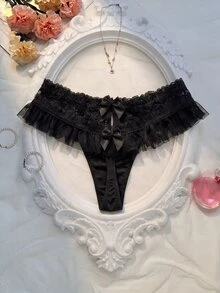Crystal Vow 純白蕾絲拼接女款內褲，腿部兩側褶皺荷葉邊設計，婚禮季節專屬配色首選 - 黑色 - 查看 2
