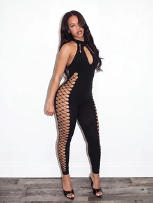 BamGleam Jumpsuit Wanita Warna Polos Berongga Seksi Serbaguna untuk Pemakaian Sehari-hari - Hitam - View 1