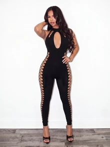 BamGleam Jumpsuit Wanita Warna Polos Berongga Seksi Serbaguna untuk Pemakaian Sehari-hari - Hitam - View 4