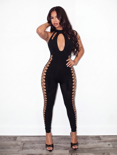 BamGleam Women's Solid Color Hollow Out Sexy Versatile Daily Wear Jumpsuit