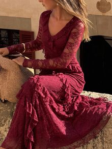 Firerie Burgundy Lace Ruffled Long-Sleeved Full-Length Dress Elegant Romantic Party Dinner Date Bride Wedding Formal Birthday Ceremony Chic Classic,Autumn - Brown - View 6