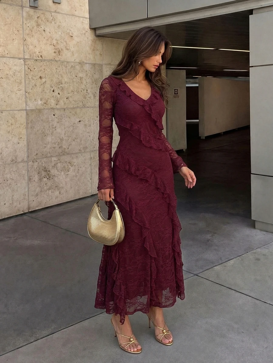Firerie Burgundy Lace Ruffled Long-Sleeved Full-Length Dress Elegant Romantic Party Dinner Date Bride Wedding Formal Birthday Ceremony Chic Classic,Autumn - Brown - View 1