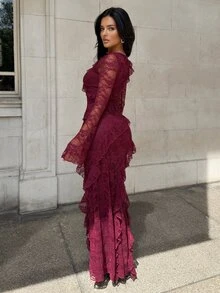 Firerie Burgundy Lace Ruffled Long-Sleeved Full-Length Dress Elegant Romantic Party Dinner Date Bride Wedding Formal Birthday Ceremony Chic Classic,Autumn - Brown - View 2
