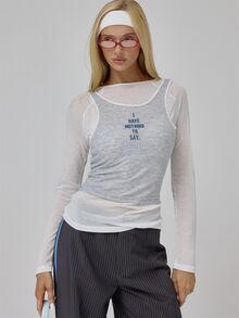 MUSERA Grey Contrast Layered Graphic Long Sleeve Top Fall Autumn Winter Coolgirl Back To School Blancs - White - View 2