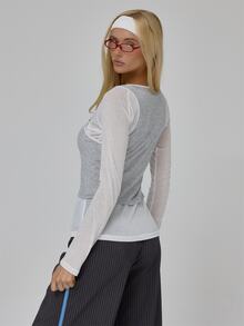 MUSERA Grey Contrast Layered Graphic Long Sleeve Top Fall Autumn Winter Coolgirl Back To School Blancs - White - View 5