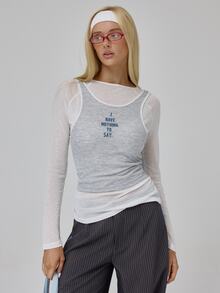 MUSERA Grey Contrast Layered Graphic Long Sleeve Top Fall Autumn Winter Coolgirl Back To School Blancs - White - View 1