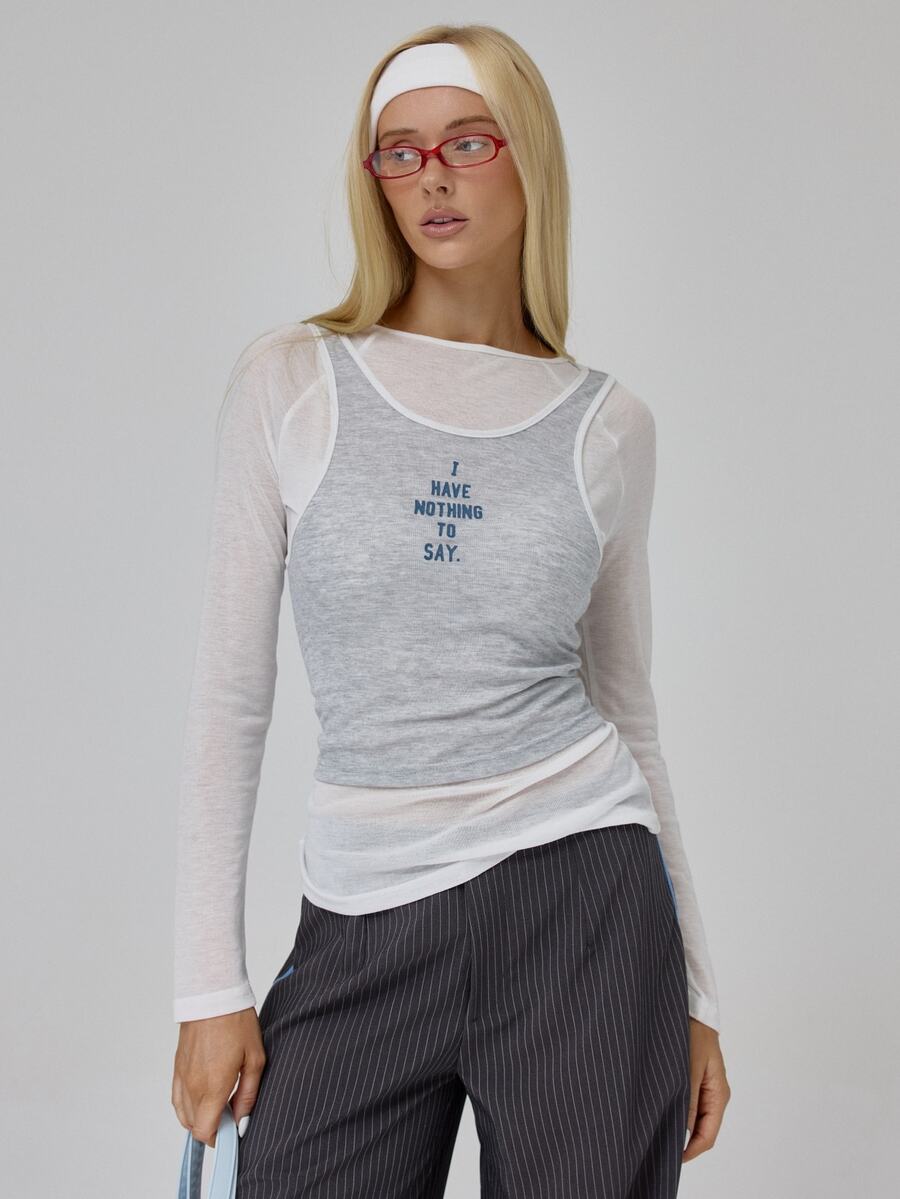 MUSERA Grey Contrast Layered Graphic Long Sleeve Top Fall Autumn Winter Coolgirl Back To School Blancs - White - View 1