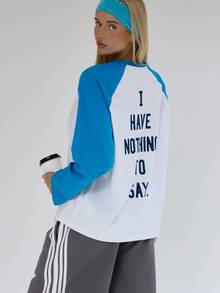 MUSERA Contrast Colour Raglan Sleeve Graphic Print Oversized Longsleeve Tee Fall Autumn Winter Cute City Holiday Coolgirl Back To School Blancs - White - View 5