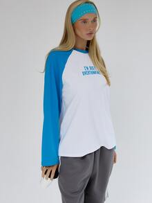 MUSERA Contrast Colour Raglan Sleeve Graphic Print Oversized Longsleeve Tee Fall Autumn Winter Cute City Holiday Coolgirl Back To School Blancs - White - View 4