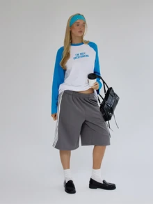 MUSERA Contrast Colour Raglan Sleeve Graphic Print Oversized Longsleeve Tee Fall Autumn Winter Cute City Holiday Coolgirl Back To School Blancs - White - View 3