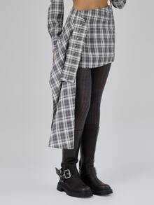 MUSERA Asymmetric Waistband Studded Checkered Draped Mini Skirt Fall Autumn Winter Coolgirl Back To School Blancs - Black - View 3