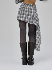 MUSERA Asymmetric Waistband Studded Checkered Draped Mini Skirt Fall Autumn Winter Coolgirl Back To School Blancs - Black - View 5