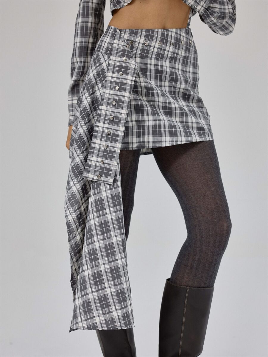 MUSERA Asymmetric Waistband Studded Checkered Draped Mini Skirt Fall Autumn Winter Coolgirl Back To School Blancs - Black - View 1