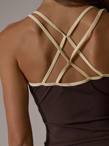 Musera Sport Strappy Contrast Colour Stripe Sides Scoop Front Active Cami Top Butter Yellow Fall Winter Autumn Gym Pilates Fitness Daily Casual - Coffee Brown - View 6