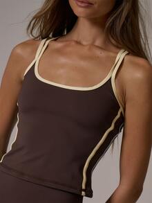 Musera Sport Strappy Contrast Colour Stripe Sides Scoop Front Active Cami Top Butter Yellow Fall Winter Autumn Gym Pilates Fitness Daily Casual - Coffee Brown - View 3