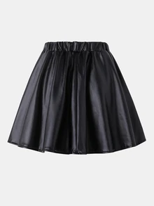 SHEIN Elladie kids 少女黑色人造皮革迷你裙，附內層短褲與口袋，PU裙，PU裙褲，優雅百褶高腰裙，2合1內建安全短褲裙，萬聖節、外出、街頭風、校園、休閒，兒童秋季疊穿 - 黑色 - 查看 5