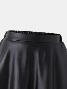 SHEIN Elladie kids 少女黑色人造皮革迷你裙，附內層短褲與口袋，PU裙，PU裙褲，優雅百褶高腰裙，2合1內建安全短褲裙，萬聖節、外出、街頭風、校園、休閒，兒童秋季疊穿 - 黑色 - 查看 6